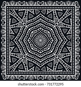 Black and white background, geometric doodle sketch pattern with ornate lace frame. Tribal ethnic ornament. Bandanna shawl, tablecloth fabric print, silk neck scarf, kerchief design