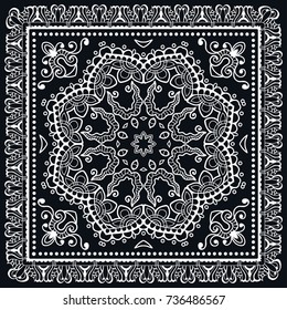 Fundo preto e branco, padrão de esboço de doodle geométrico com moldura de renda ornamentada. Ornamento étnico tribal. Xale de bandana, estampa de tecido de toalha de mesa, lenço de seda, design de lenço