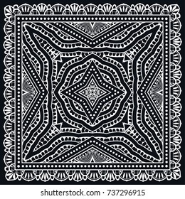 Black and white background, geometric doodle sketch pattern with ornate lace frame. Tribal ethnic ornament. Bandanna shawl, tablecloth fabric print, silk neck scarf, kerchief design