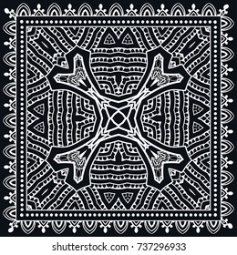 Black and white background, geometric doodle sketch pattern with ornate lace frame. Tribal ethnic ornament. Bandanna shawl, tablecloth fabric print, silk neck scarf, kerchief design