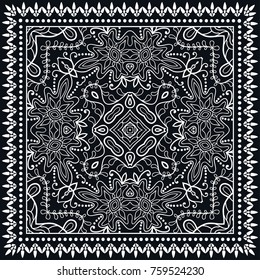 Black and white background, geometric floral doodle pattern with ornate lace frame. Tribal ethnic mandala ornament. Bandanna shawl, tablecloth fabric print, silk neck scarf, kerchief design