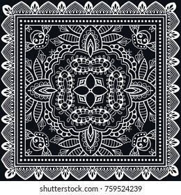 Black and white background, geometric floral doodle pattern with ornate lace frame. Tribal ethnic mandala ornament. Bandanna shawl, tablecloth fabric print, silk neck scarf, kerchief design