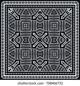 Black and white background, geometric ornamental lace pattern with frame border. Tribal ethnic motif. Bandanna shawl, tablecloth fabric print, silk neck scarf, kerchief design