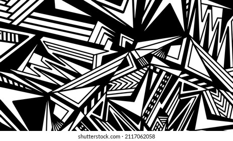 black and white background with geometric shapes in various perspectives, plaid, stripes, striped, mix of prints, patchwork, vector illustration