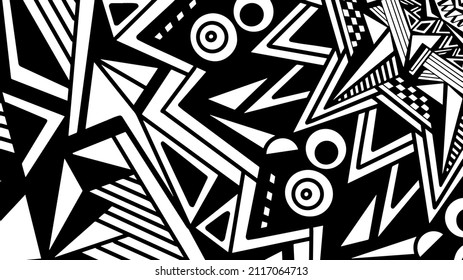 black and white background with geometric shapes in various perspectives, plaid, stripes, striped, mix of prints, patchwork, vector illustration