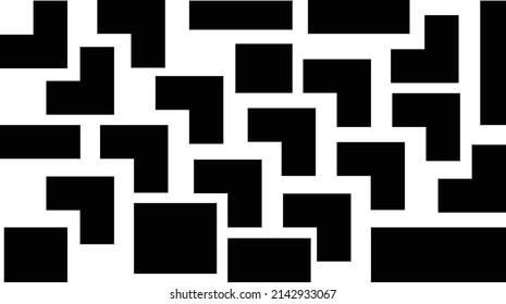 black and white background with geometric shapes. Black symmetrical objects on a white background. Simple design wallpaper with geometric pattern.