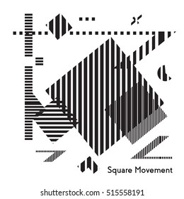 Black and white background. Geometric shapes in motion, moire effects and optical illusions.