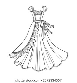 A black and white background girl dress coloring page line art