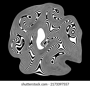 Black and white background with glitched curves and wavy lines.