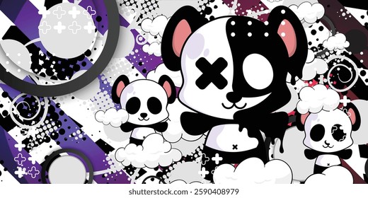 Black and white background grunge design with panda object, abstract, vector, eps 10, editable.