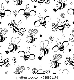 Black and white background with hahd drawn bees and flowers. 