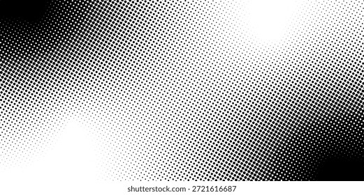 Schwarz-weißer Hintergrund mit Halbtoneffekt. Muster mit verblasster Struktur. Tapete mit Rauschen, Pixel oder Bitmap-Textur. Duotone Gritty Print. Comic-Seitenvorlage. Vektorgrafik.