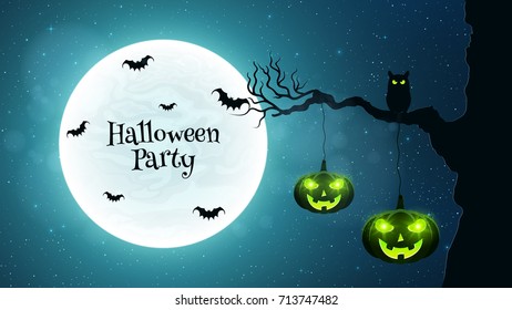 Black and white background for Halloween party. Black cat walks through the tree. Bats fly against the background of the full moon. Halloween pumpkins with glowing eyes. Vector illustration