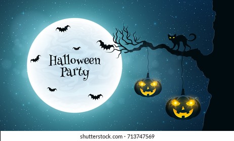 Black and white background for Halloween party. Black cat walks through the tree. Bats fly against the background of the full moon. Halloween pumpkins with glowing eyes. Vector illustration