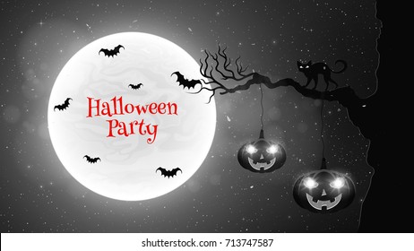 Black and white background for Halloween party. Black cat walks through the tree. Bats fly against the background of the full moon. Halloween pumpkins with glowing eyes. Vector illustration
