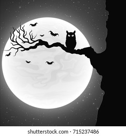 Black and white background for Halloween party. Black owl on the tree. Bats fly against the background of the full moon. Vector illustration