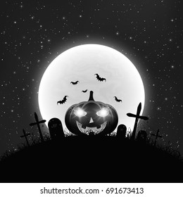 Black and white Background for Halloween in retro style. Cartoon pumpkin in the cemetery. Full moon and realistic starry sky. Creepy concept. Vector illustration