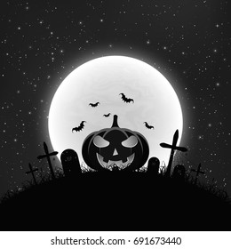 Black and white Background for Halloween in retro style. Cartoon pumpkin in the cemetery. Full moon and realistic starry sky. Cover for your project. Creepy concept. Vector illustration