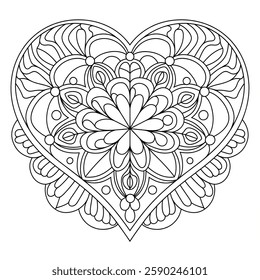 A Black and white background illustration a heart with flowers vector style colouring page