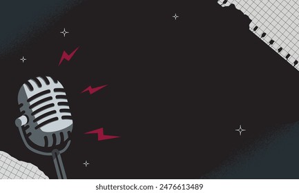 Black and white background illustration with retro microphone, with torn checkered pieces of paper. A template for a banner, an announcement.