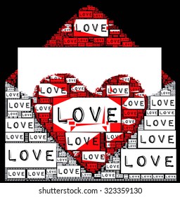 black and white background with letter with open envelope design together and type font love words create envelope and love heart illustration together and abstract red color. for fashion and graphic 