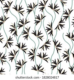 Black and white background of lianas with tropical flowers. Seamless pattern, black sharp flowers on a white background.