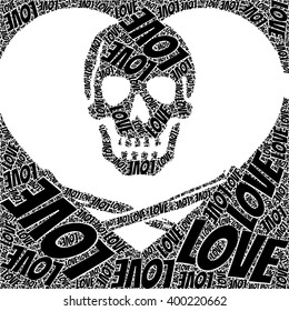 black and white background with love words and love text together skull and cross bones with heart vector print pattern. for fashion and graphic design. t shirt print, poster special gift print offer.