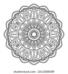 A black and white background mandala colouring page line art