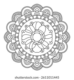 A black and white background mandala colouring page line art