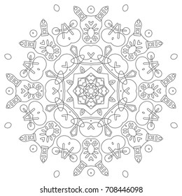 Black and white background. Mandala isolated design element, geometric line pattern. Zen doodle art ornament for coloring book page. Tribal ethnic arabic, indian motif