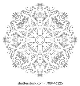 Black and white background. Mandala isolated design element, geometric line pattern. Zen doodle art ornament for coloring book page. Tribal ethnic arabic, indian motif