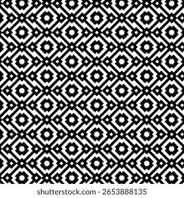 black and white background, monochrome, repeating geometric pattern, grid of interconnected diamond or rhombus shapes, concentric diamond, square or circle, pixel art or traditional weaving patterns