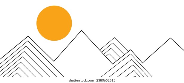 Schwarz-weißer Hintergrund von Bergen im Konturstil Für Umschlag, einladender Hintergrund, Paketdesign, Stoff, Banner und Druck.	