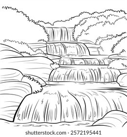 A black and white background nature the waterfall coloring page line art