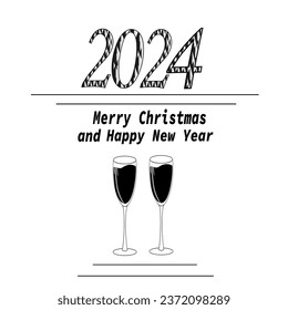 Black and white background of New Year 2024 symbols champagne flute for calendar, flyer and banner