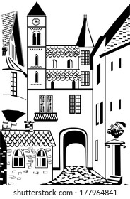 Black and white background with an old European  town.