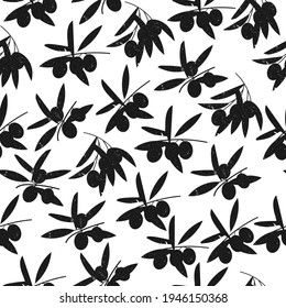 Black and white background with olive tree branches, leaves, fruits hand-drawn with grunge texture on a white background. Natural vector illustration for wallpaper, textile and packaging of olive oil