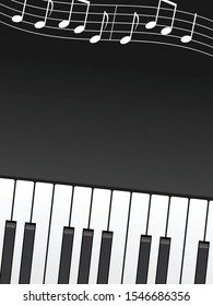 Black and white background on the theme of music with notes and piano