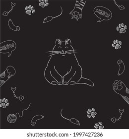 Black and white background on the theme of cats stuff, drawn with chalk or charcoal