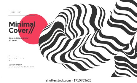 Black and white background with an optical fluid wave. Striped wavy line compositions for cover, poster, landing page. Minimal 3d abstract illustration.