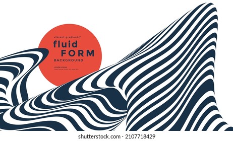 Black and white background with an optical fluid wave. Striped wavy line compositions for cover, poster, landing page. Minimal abstract illustration.