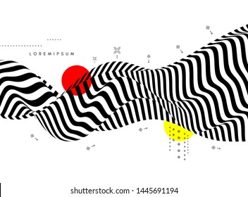 Black and white background with optical illusion. Pattern can be used as a template for brochure, annual report, magazine, poster, presentation, flyer and banner. 3d vector illustration. 