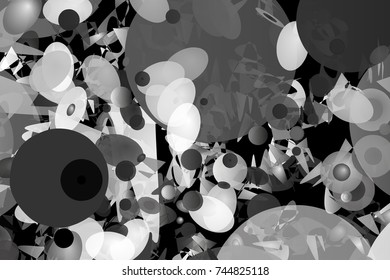 Black and white background out of various geometrical shapes. Chaotic abstract composition.