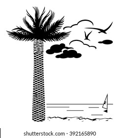Black and white background with palm tree silhouette