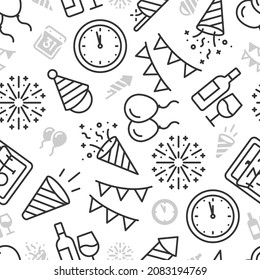 Black and white background pattern of new year party icons with smaller grey icons.
