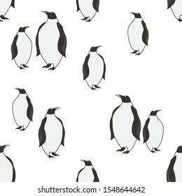 Black and white background with penguins. Decorative cute backdrop vector. Sea birds, seamless pattern