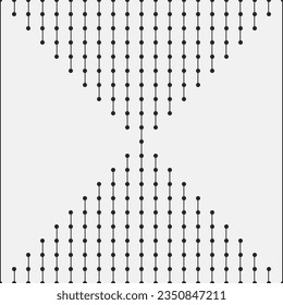 Schwarz-weißer Hintergrund mit pointillistischer Textur. Vertikale Schraffierung von zwei gespiegelten Isoscelen rechter Dreiecke. Dreieckslinien kommen in der Mitte zusammen. Mit Punktlinien fesseln. Kopiert Platz.