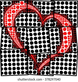 black and white background with polka dots together and spread mosaic love heart illustration together vector print pattern. t shirt print and valentines day special gift print offer