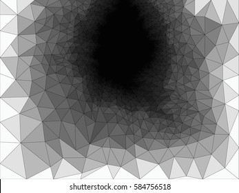 Black and white background of polygons with smooth transitions of colors, which create a tunnel effect