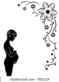 Black and white background with pregnant woman and flower ornament